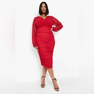 PLUS MESH WRAP RUCHED MIDI DRESS